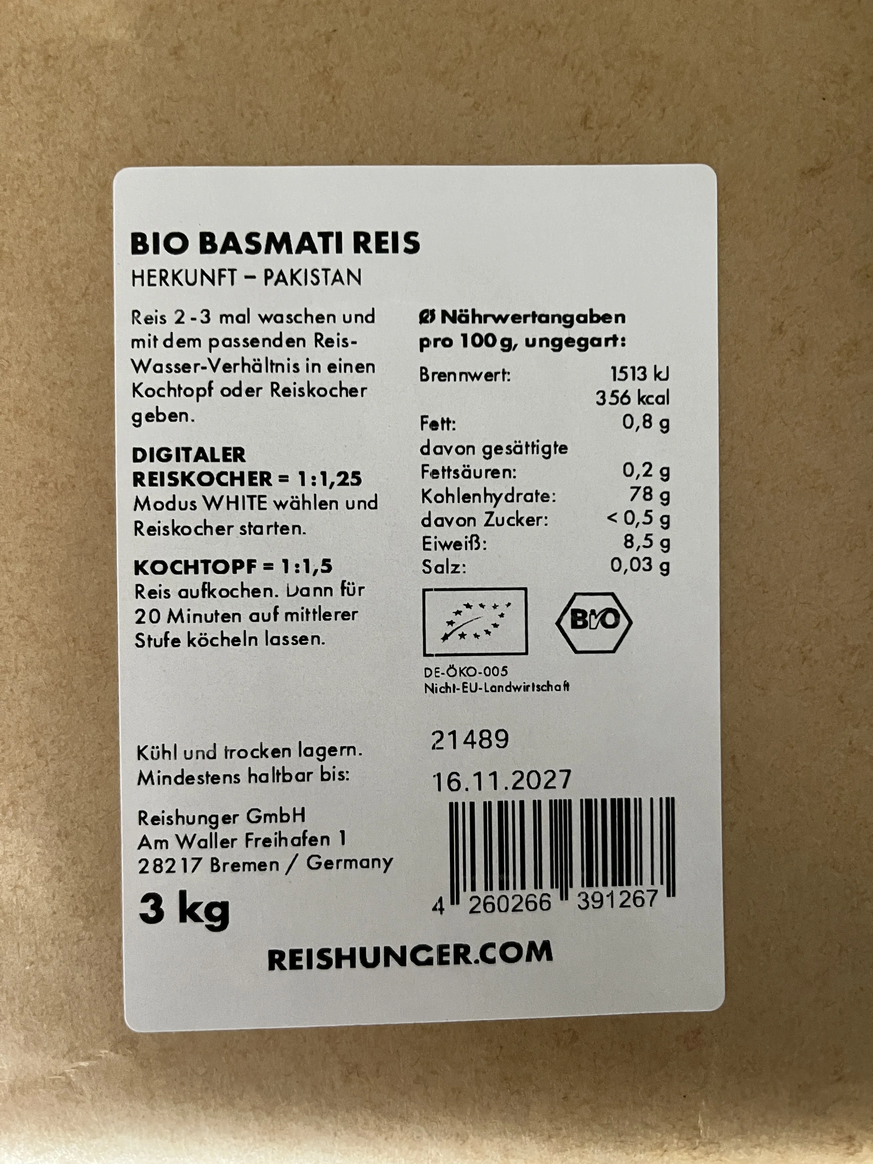Bio Basmati Reis, 3 Kilogramm; Bio Basmati Reis, 600 Gramm; Bio Basmati Reis, 200 Gramm;