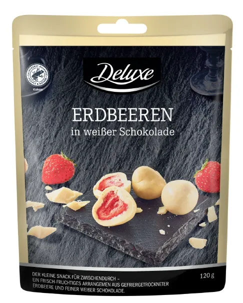 Deluxe Erdbeeren in weißer Schokolade, 120 Gramm