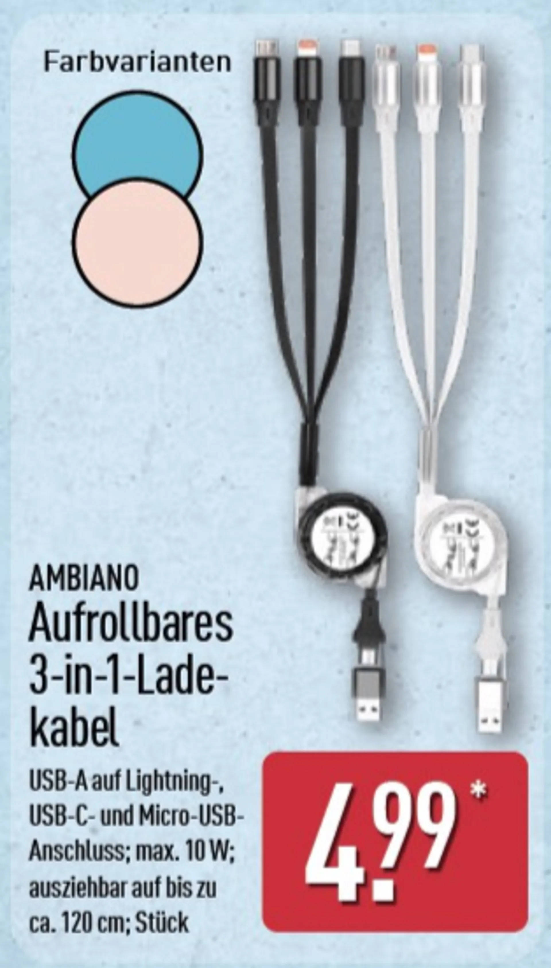 Aufrollbares 3-in-1-Ladekabel im Prospekt von Aldi Nord.