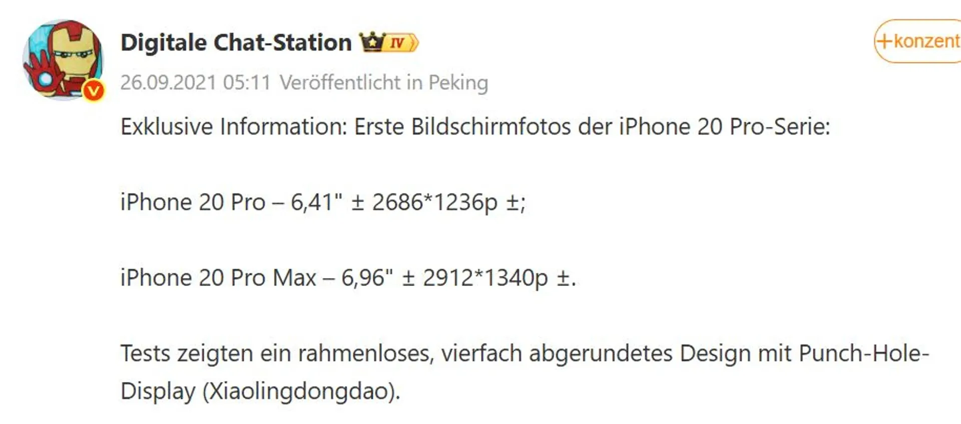 Das Bild zeigt einen Screenshot von der Seite Weibo, in dem es um die Displaygröße des iPhone 20 Pro geht.